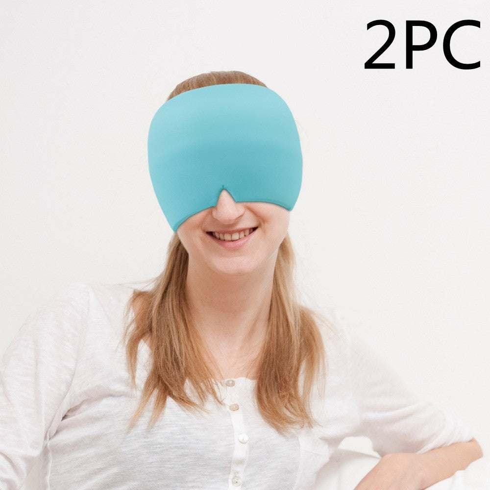 Woman wearing turquoise soft sleep mask with nose cutout, relaxed indoor setting