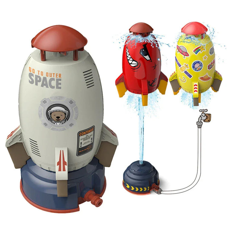 Colorful rocket-shaped water sprinkler toys with space-themed designs, durable plastic material