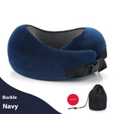 Navy blue travel neck pillow with black buckle, soft fabric, ergonomic contoured fit, drawstring pouch included.