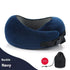 Navy blue travel neck pillow with black buckle, soft fabric, ergonomic contoured fit, drawstring pouch included.