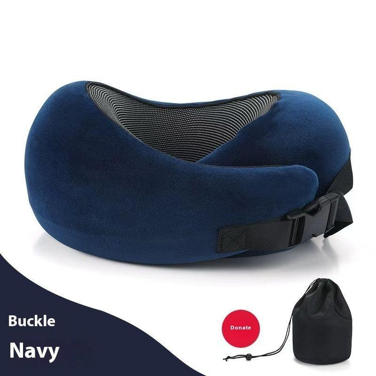 Navy blue travel neck pillow with black buckle, soft fabric, ergonomic contoured fit, drawstring pouch included.
