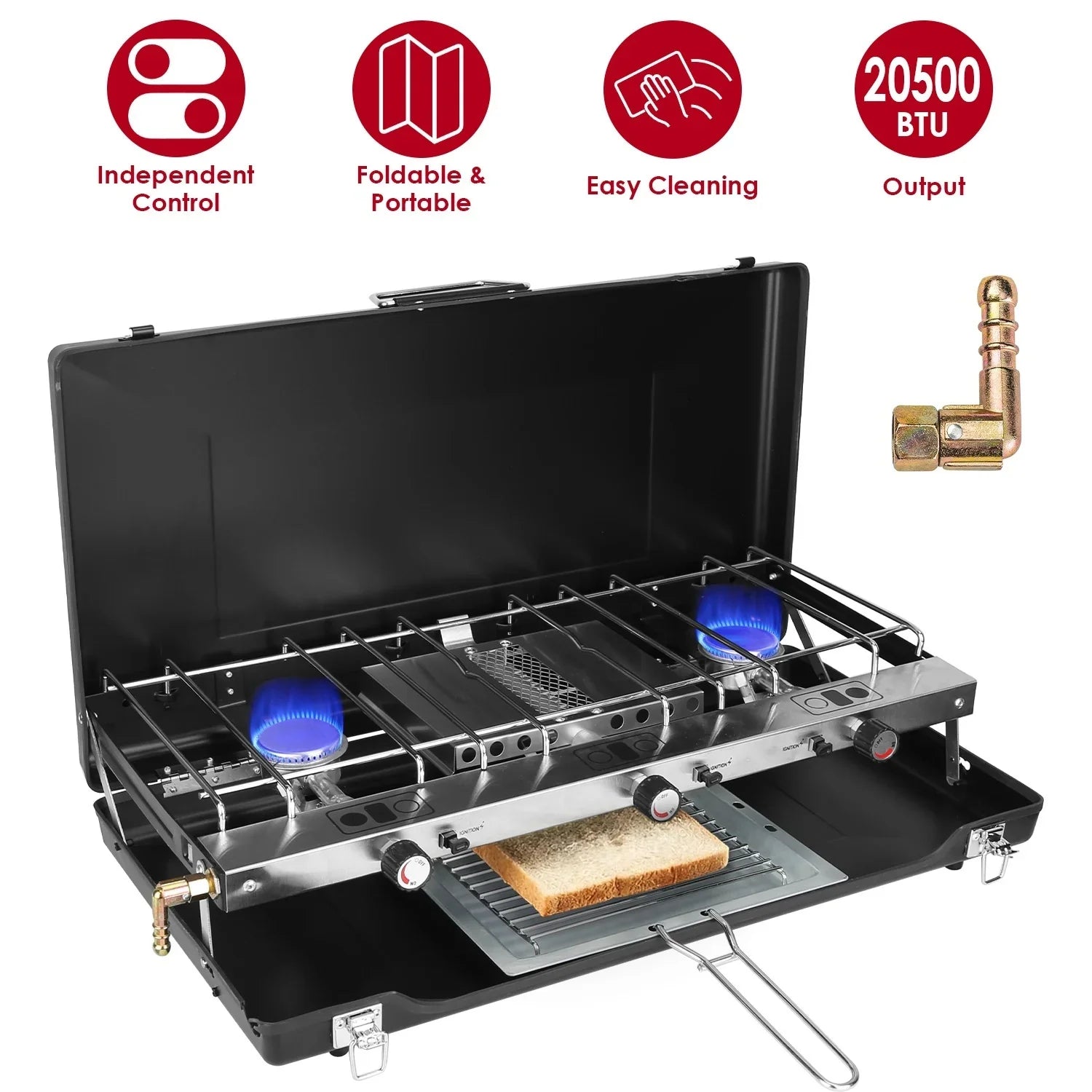Portable two-burner gas stove with independent controls, blue flames, and toast tray