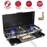 Portable two-burner gas stove with independent controls, blue flames, and toast tray