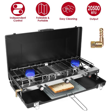 Portable two-burner gas stove with independent controls, blue flames, and toast tray