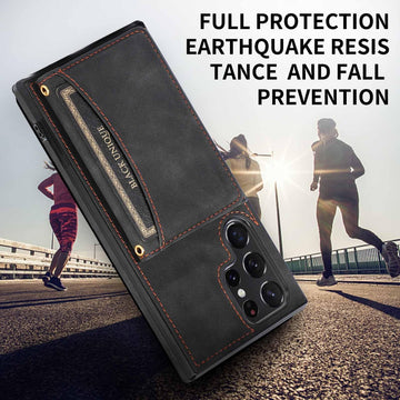 Black leather phone case with red stitching, card slot detail, outdoor setting with runners