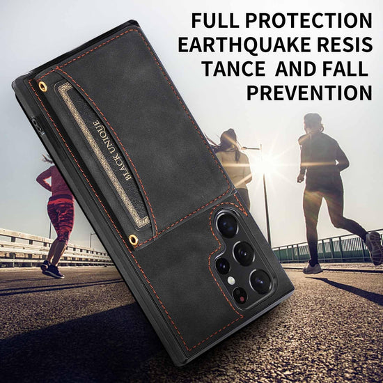 Black leather phone case with red stitching, card slot detail, outdoor setting with runners