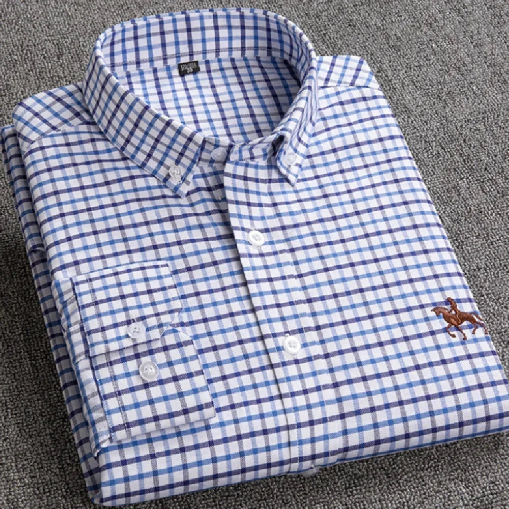 Folded blue and white checkered long sleeve shirt with button-down collar and slim fit