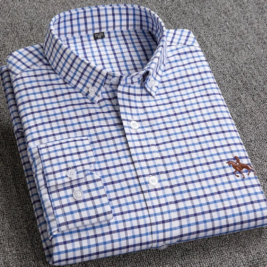 Folded blue and white checkered long sleeve shirt with button-down collar and slim fit