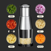 Stainless steel manual food chopper with chopped onion, garlic, carrot, ginger, and chili display.