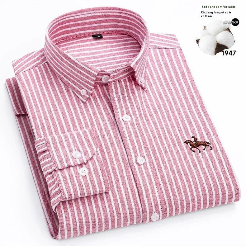 Men's pink and white striped cotton button-up shirt, slim fit, long sleeves, embroidered detail