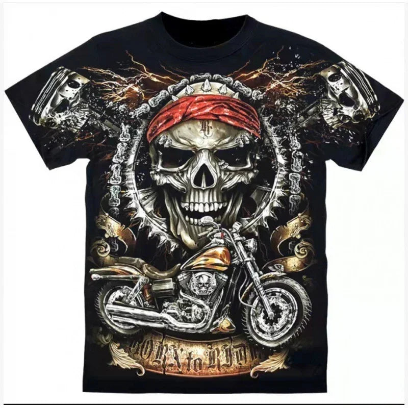 Black graphic t-shirt with skull, red bandana, motorcycle, and metallic gothic design