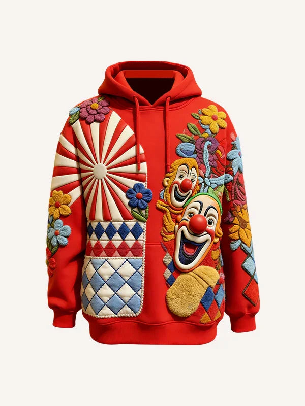 Red oversized hoodie with bold clown and floral applique, colorful patchwork, playful streetwear style