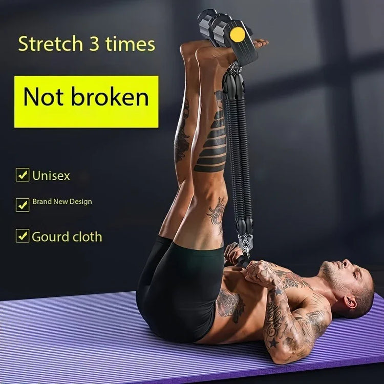 Man wearing fitted black athletic shorts, using resistance fitness band, on exercise mat indoors.