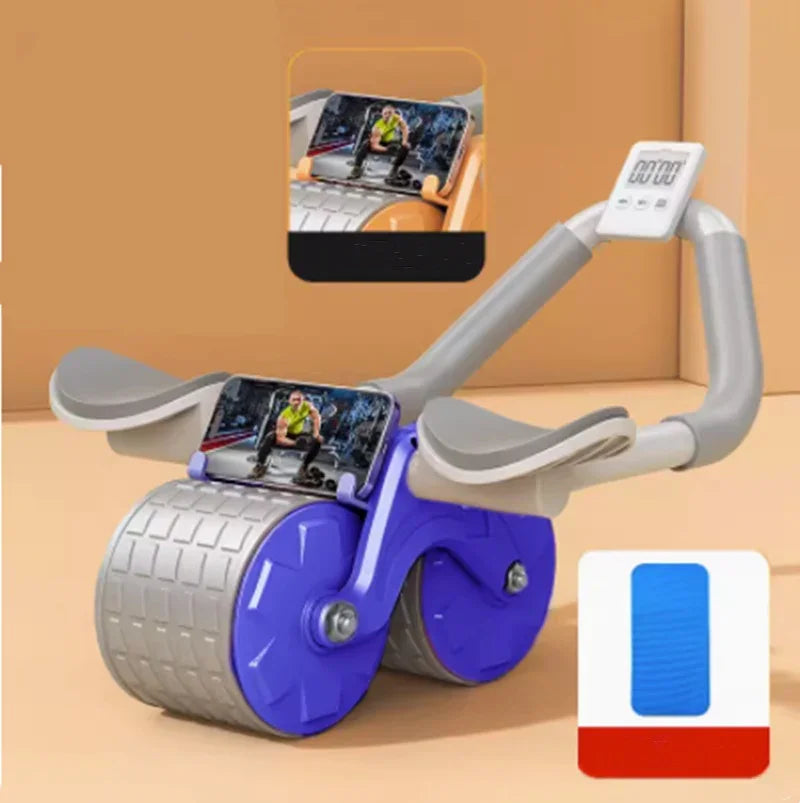 Purple and gray double-wheel ab roller with phone holder, digital display, and ergonomic handles