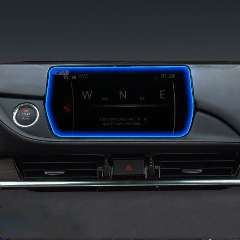 Car dashboard display with blue LED trim, digital navigation screen, push start button