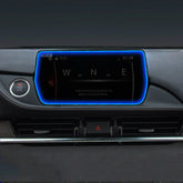 Car dashboard display with blue LED trim, digital navigation screen, push start button