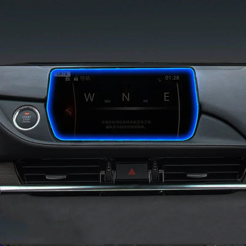 Car dashboard display with blue LED trim, digital navigation screen, push start button