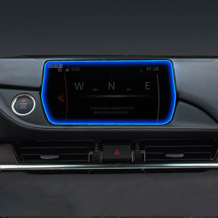 Car dashboard display with blue LED trim, digital navigation screen, push start button