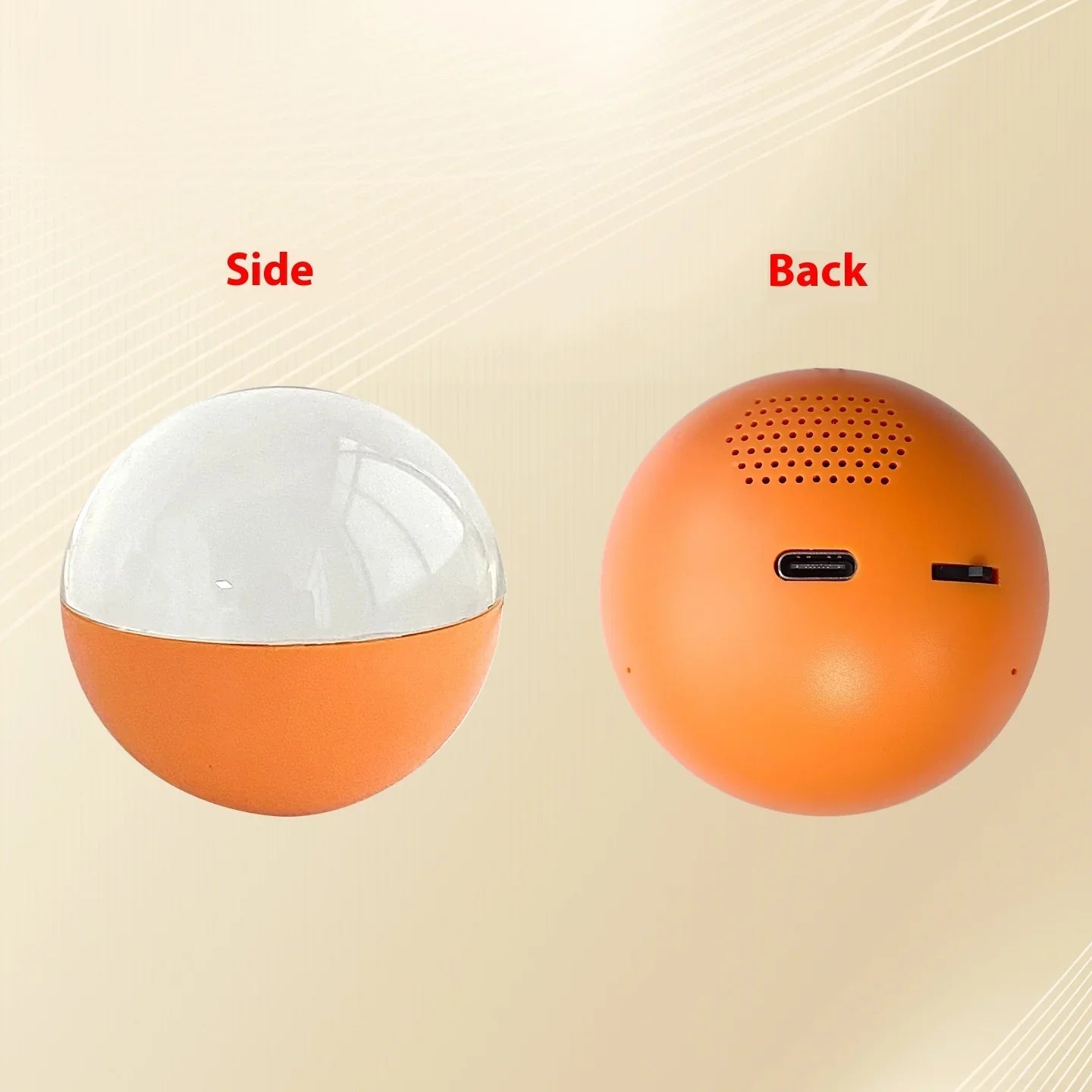 Orange spherical tech gadget with clear dome, USB-C port, and speaker holes, side and back views.