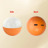 Orange spherical tech gadget with clear dome, USB-C port, and speaker holes, side and back views.