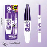 5D volume mascara and eyeliner set in purple and white packaging, bold text, sleek design