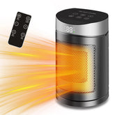 Black and silver portable electric heater with mesh grill, digital display, and remote control.