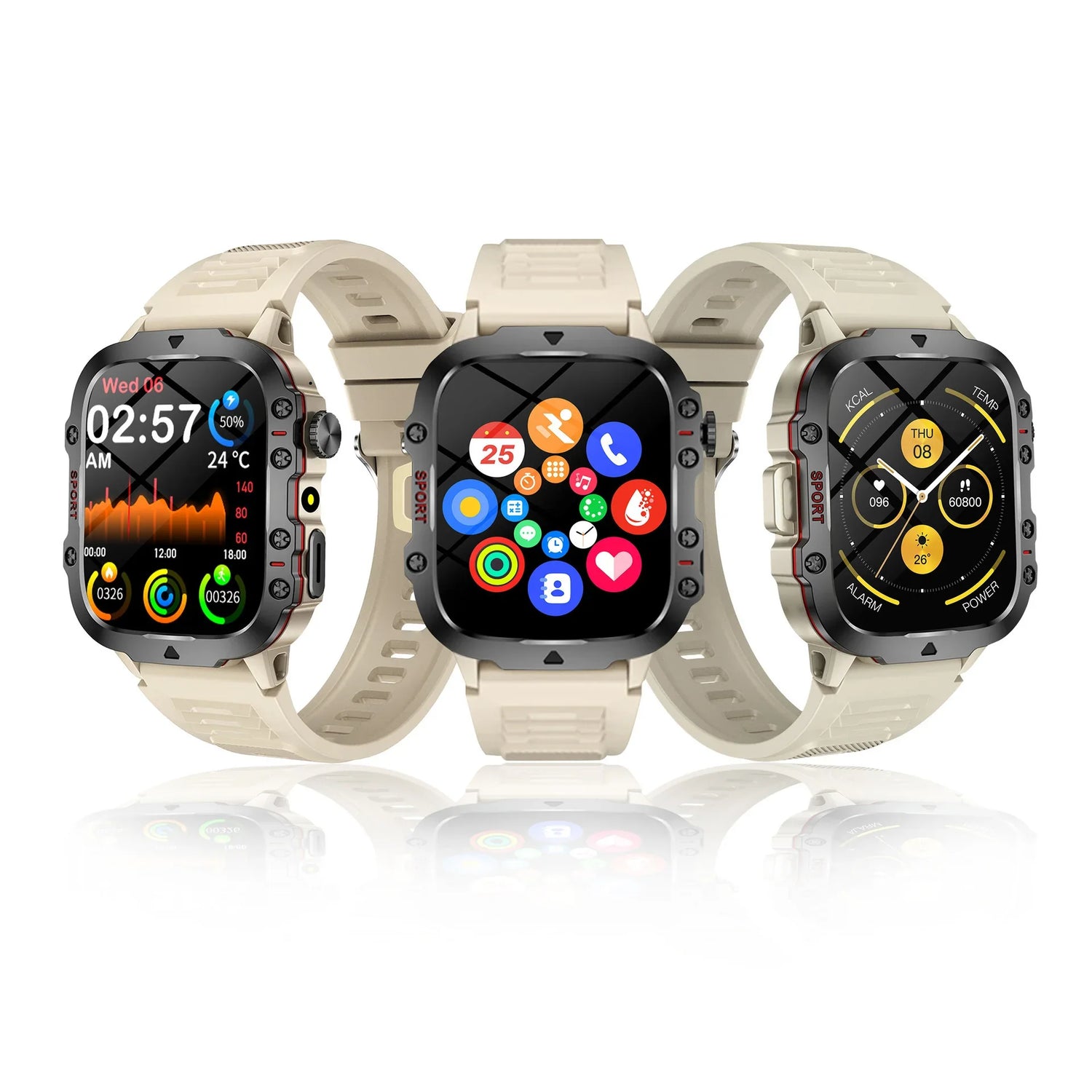 Three beige rugged smartwatches with silicone straps, large digital displays, and fitness tracking.