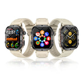 Three beige rugged smartwatches with silicone straps, large digital displays, and fitness tracking.