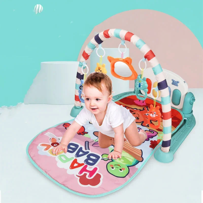 Baby in short sleeve white bodysuit crawling on colorful play mat with animal print, soft fabric, and toys.
