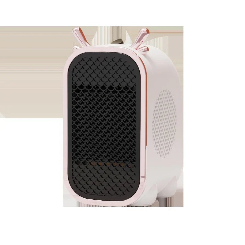 Compact white and black portable heater with modern design and metallic accents