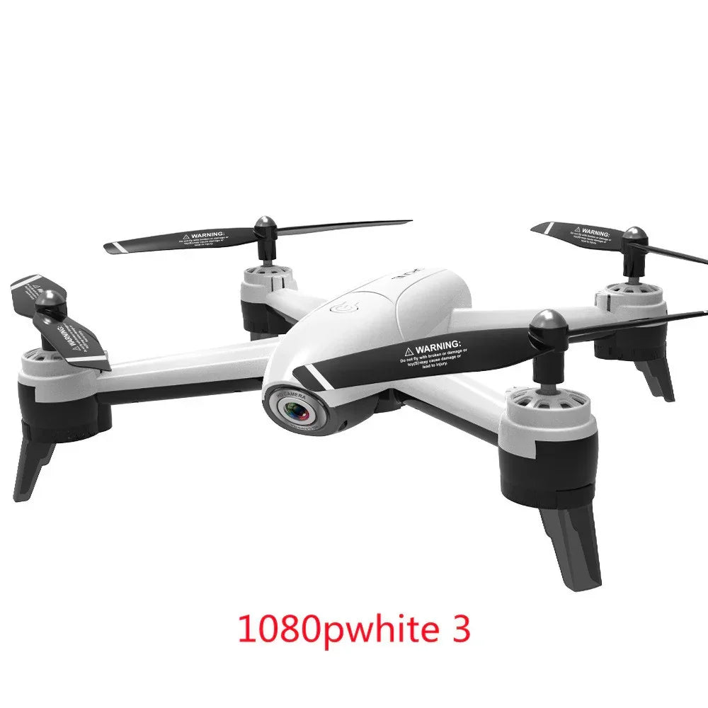 White quadcopter drone with black propellers and camera, sleek modern design.