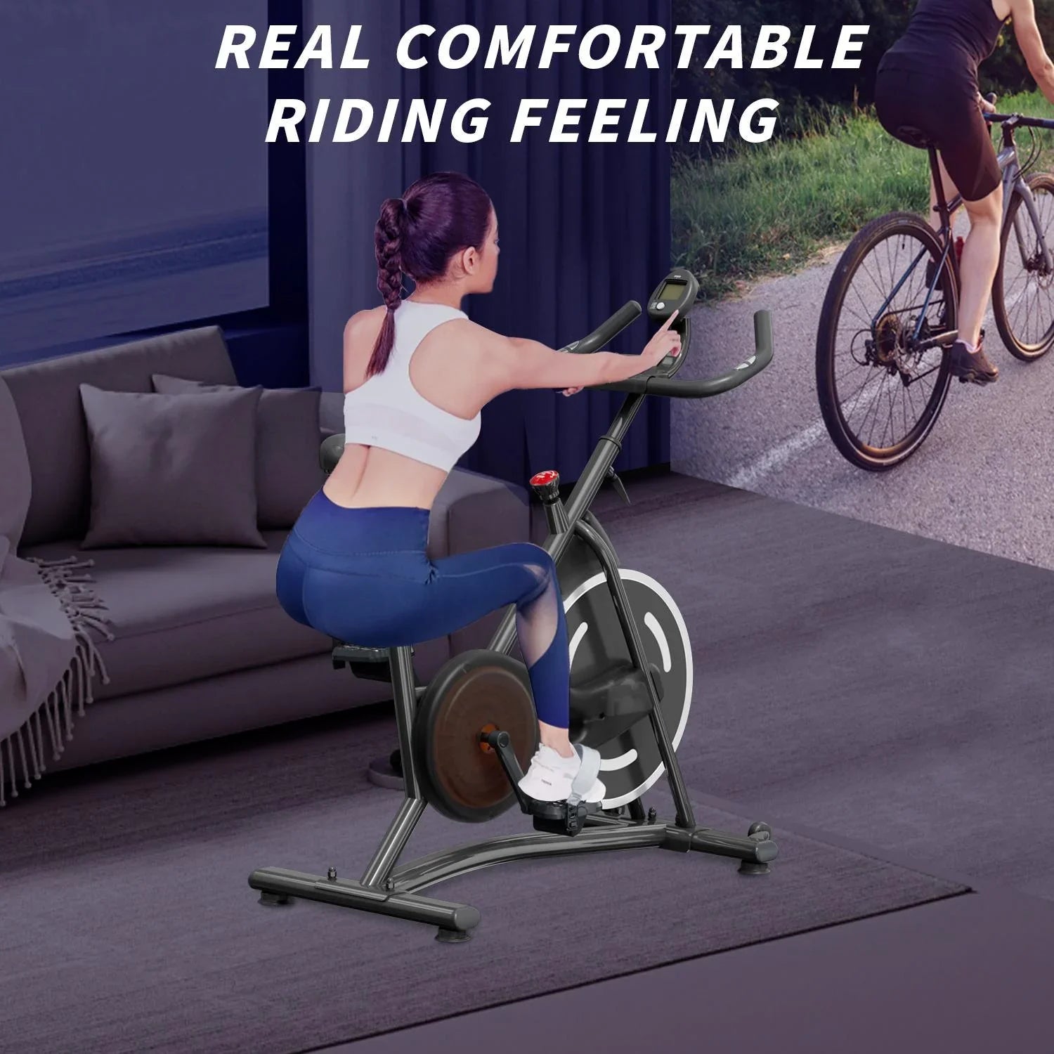 Woman in white sports bra and blue leggings using exercise bike indoors, fitted activewear