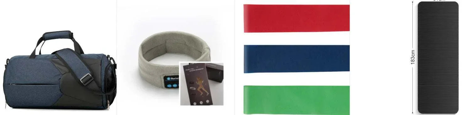 Dark blue gym duffle bag, grey fabric headband, three colored resistance bands, black yoga mat