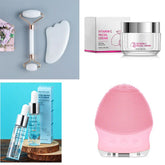 Assorted skincare tools and products including a jade roller, gua sha, vitamin C cream, hyaluronic acid serum, and a pink silicone facial cleansing brush.