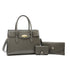 Gray leather handbag set with structured tote, wallet, and cardholder, gold hardware