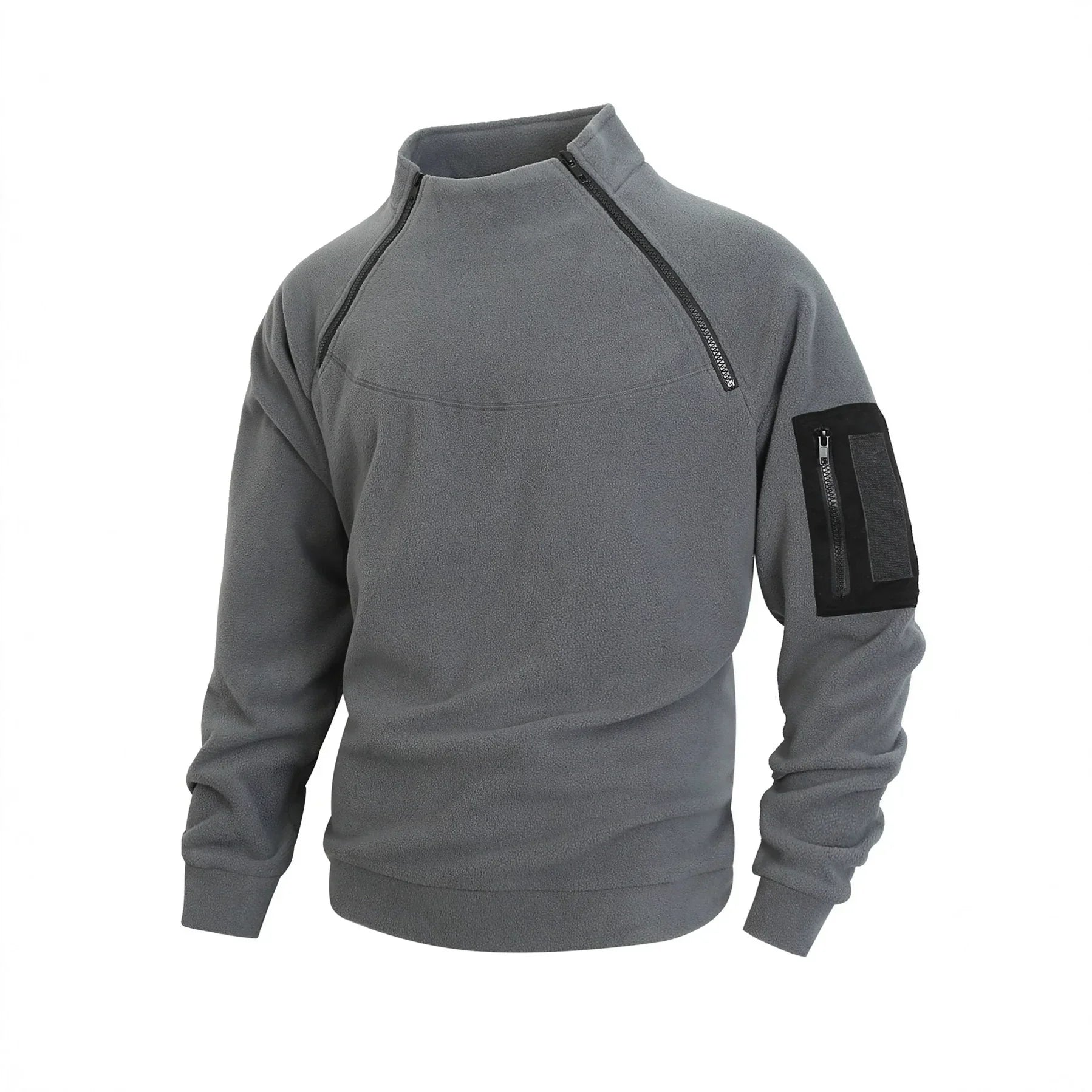 Gray fleece pullover with high collar, black zipper details, and zippered arm pocket, relaxed fit