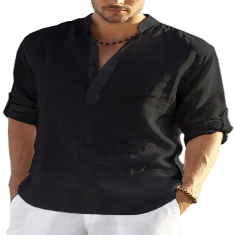 Men's casual black linen long sleeve shirt with rolled cuffs and relaxed fit