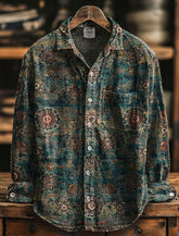 Vintage-inspired floral patterned long sleeve button-up shirt in green and brown tones, relaxed fit