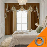 Luxurious brown and beige draped curtains with tassels in an elegant bedroom setting.