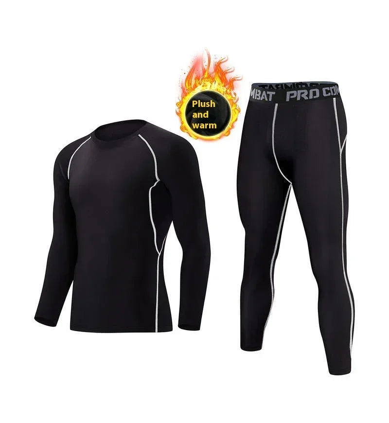 Black thermal long-sleeve top and leggings set with white stitching, slim fit, plush lining.