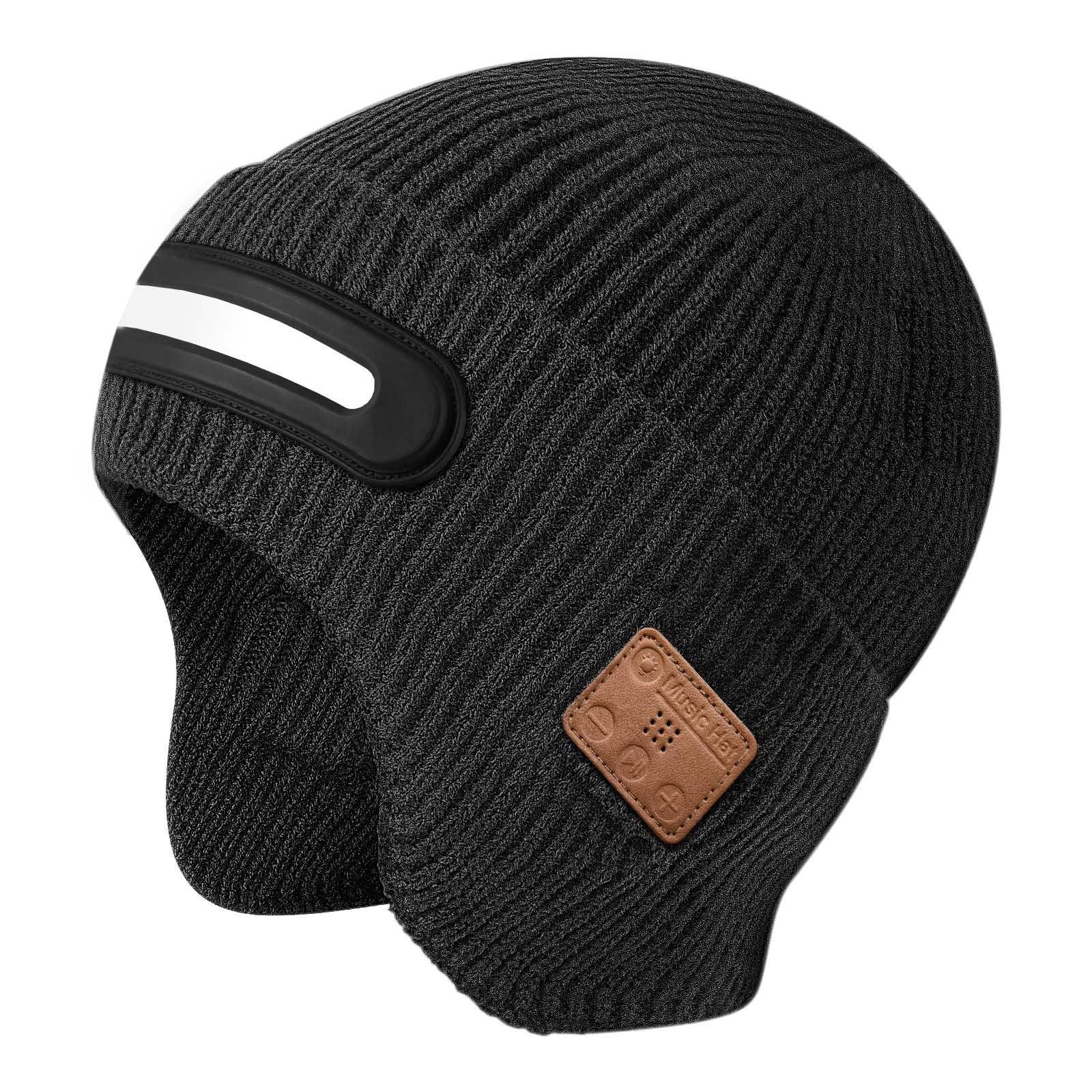 Black ribbed knit winter hat with reflective strip, ear flaps, and brown faux leather patch