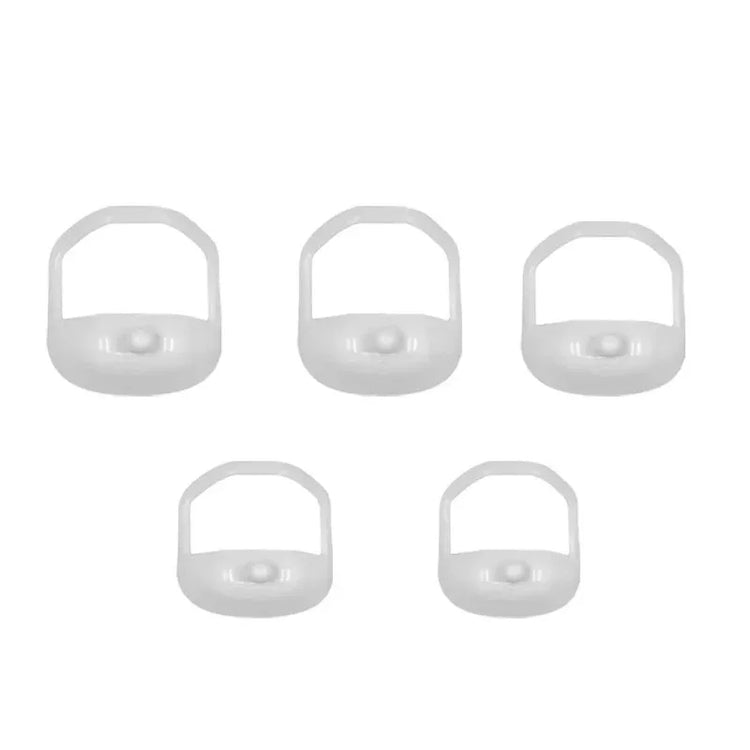 Set of five clear plastic adjustable clothing clips with smooth, rounded edges