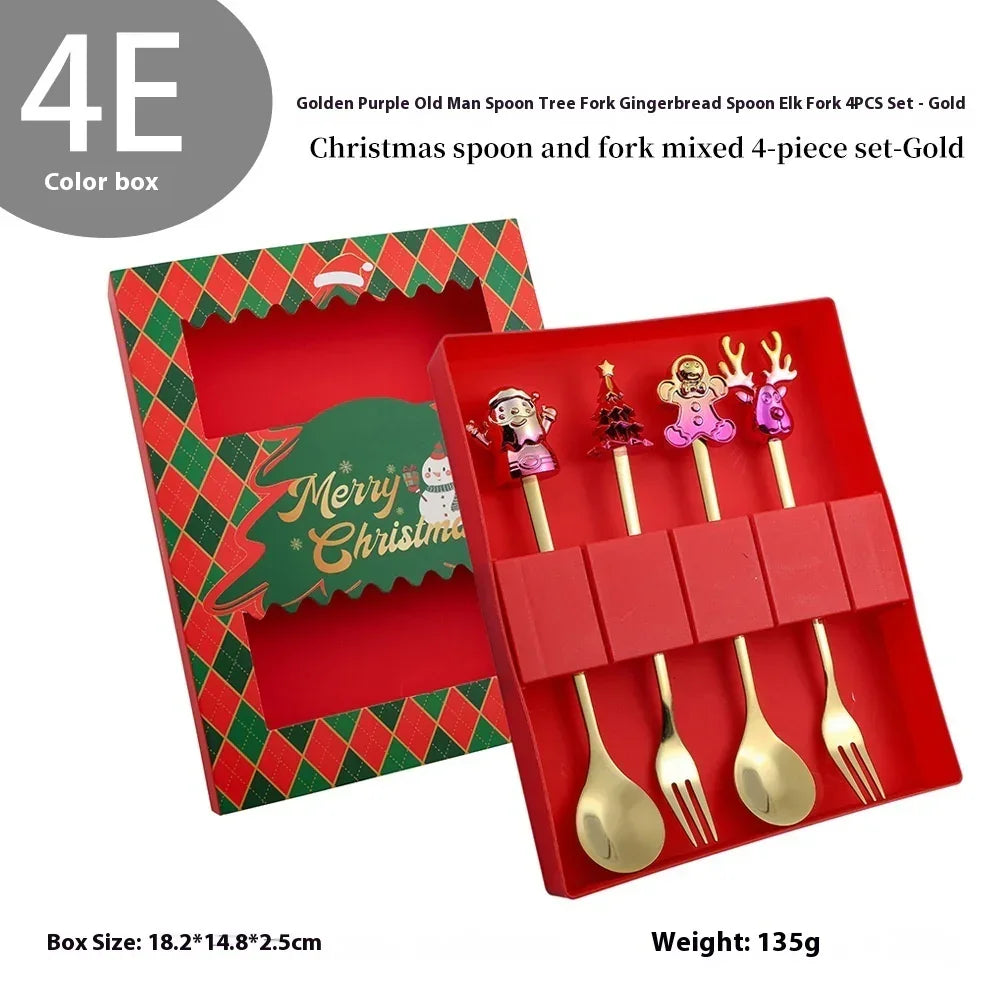 Gold Christmas spoon and fork set with festive character handles in holiday gift box