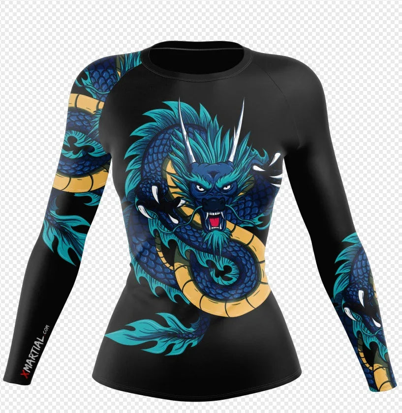 Black long sleeve athletic top with blue and yellow dragon graphic, slim fit, stretchy material.