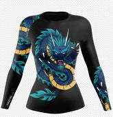 Black long sleeve athletic top with blue and yellow dragon graphic, slim fit, stretchy material.