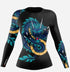Black long sleeve athletic top with blue and yellow dragon graphic, slim fit, stretchy material.