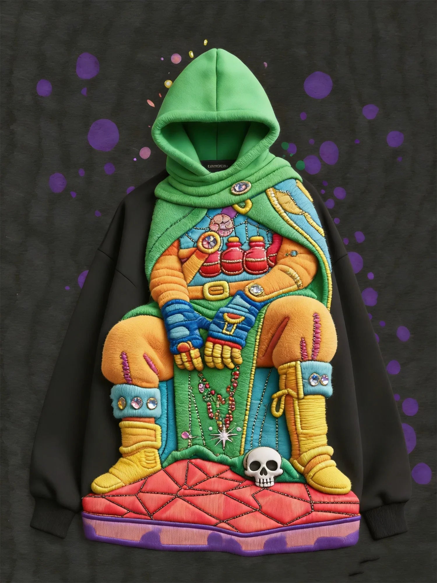 Oversized black hoodie with vibrant 3D embroidered fantasy character, green hood, plush textured details, and relaxed fit.