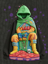Oversized black hoodie with vibrant 3D embroidered fantasy character, green hood, plush textured details, and relaxed fit.