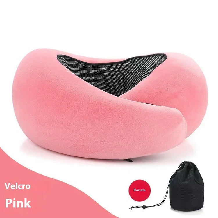 Soft pink velcro travel neck pillow with black mesh panel and carrying pouch