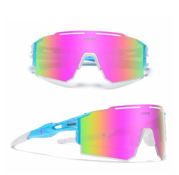 Futuristic shield sunglasses with rainbow mirrored lenses, white and blue frame, oversized fit